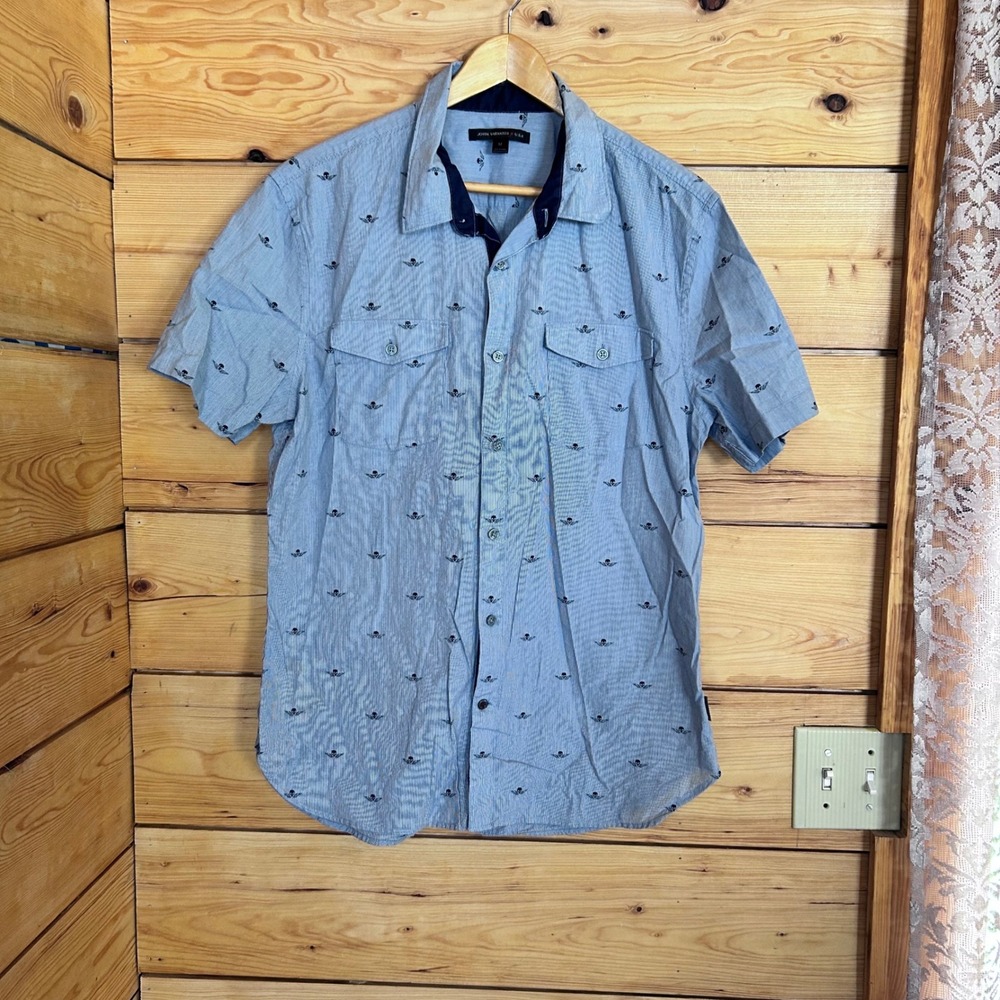 Short Sleeve Button Down Mens Medium Blue Winged Skull John Varvatos USA